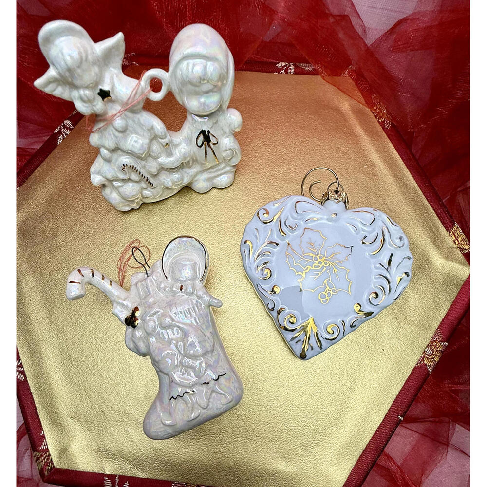 Vintage Lindner Handarbeit Germany Heart, Porcelain Christmas Ornaments Set of 3